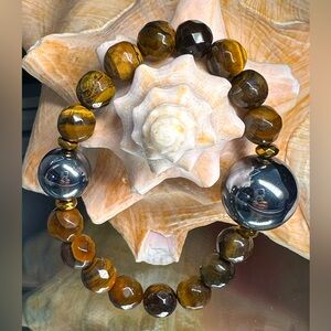 TERAHERTZ + TIGERS NATURAL STONES  BRACELET size 7”